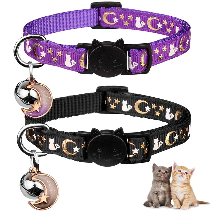 Baeuppit 2PCS Breakaway Cat Collars with Bell Moons Stars Cute Kitty Adjustable Safe Kitten Collars with Pendant Glow in The Dark(Black&Purple) - Image 1